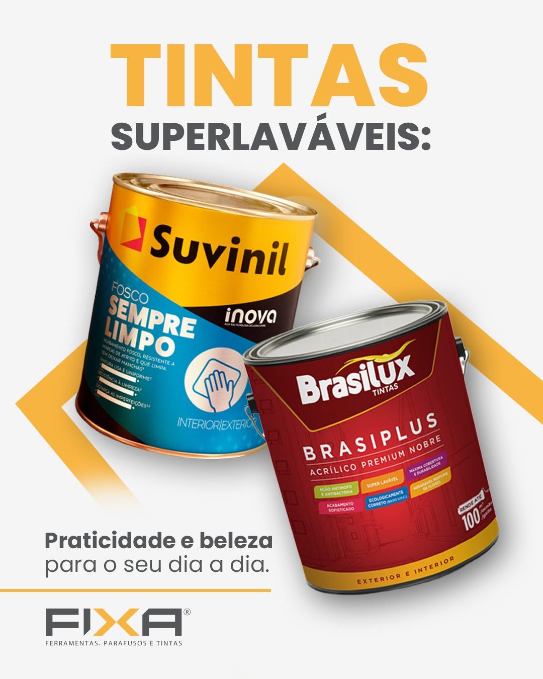 Arte da FIXA sobre tintas superlaváveis, com latas Suvinil e Brasilux